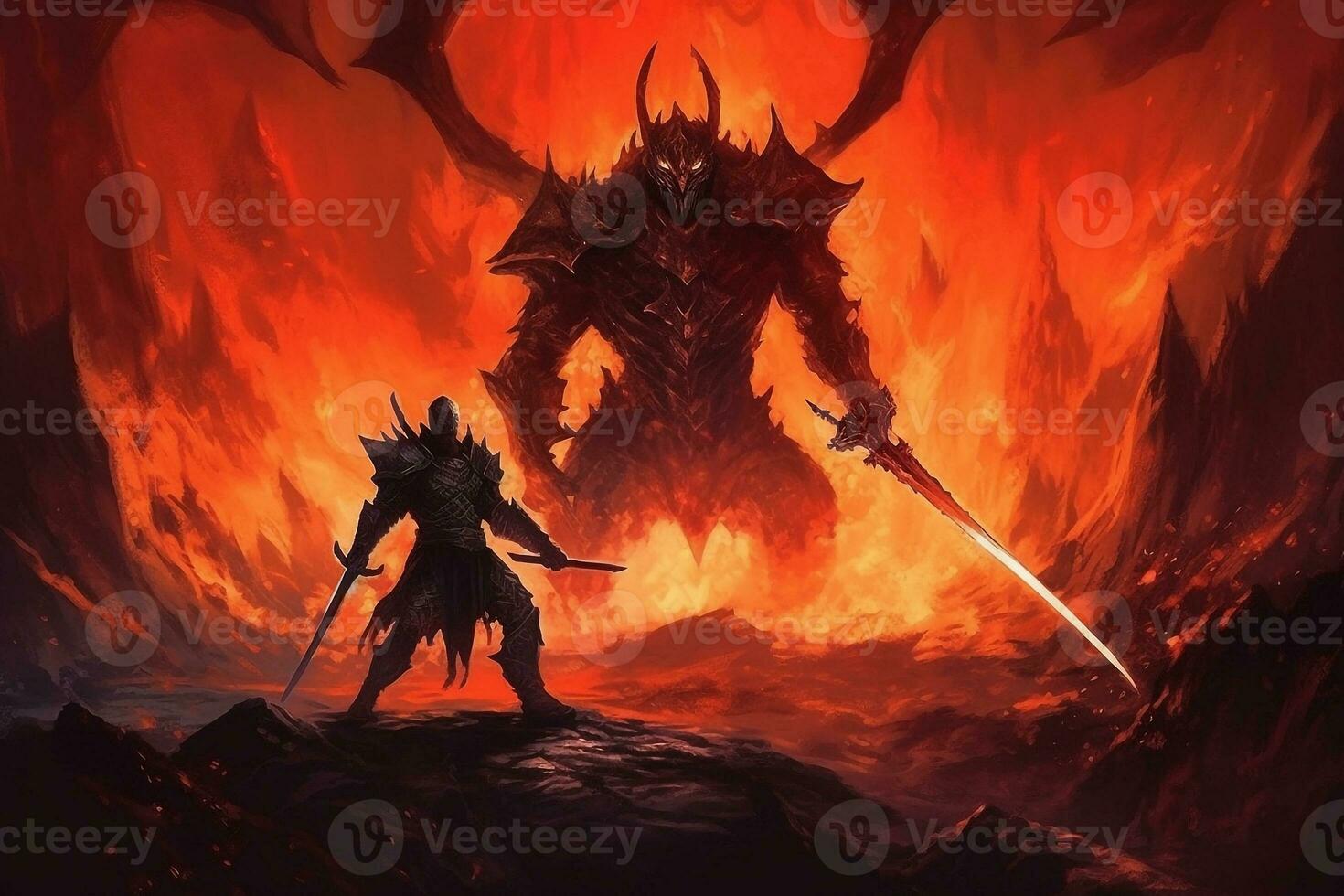 Fantasy Knight wielding a sword facing demon from hell photo