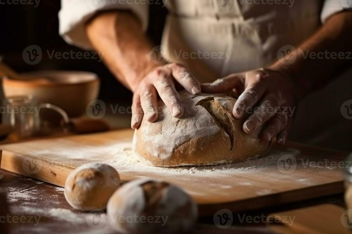 Closeup hands preparing cake and bread in the kitchen photo