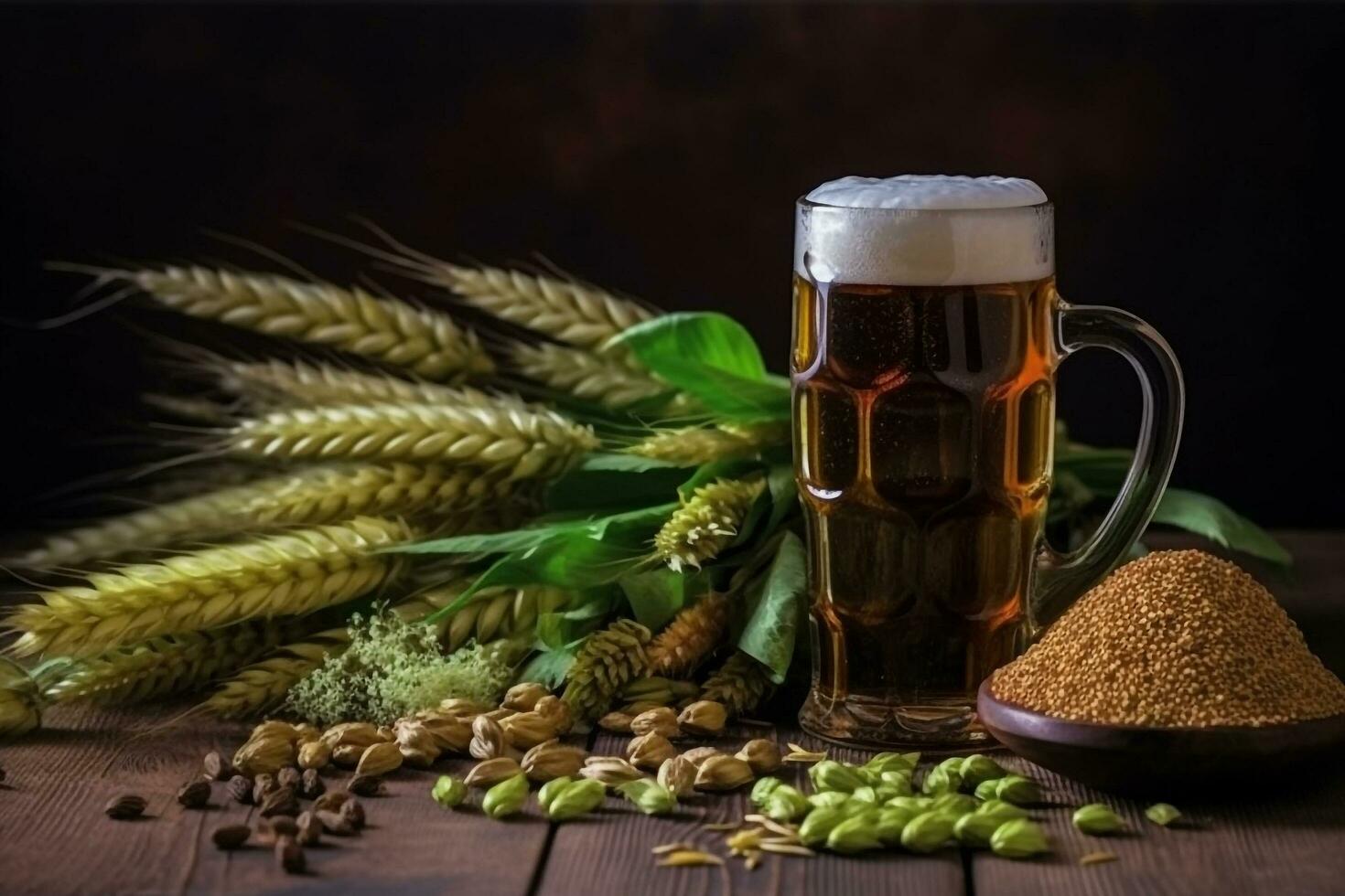 Beer with ears of wheat on wooden background photo