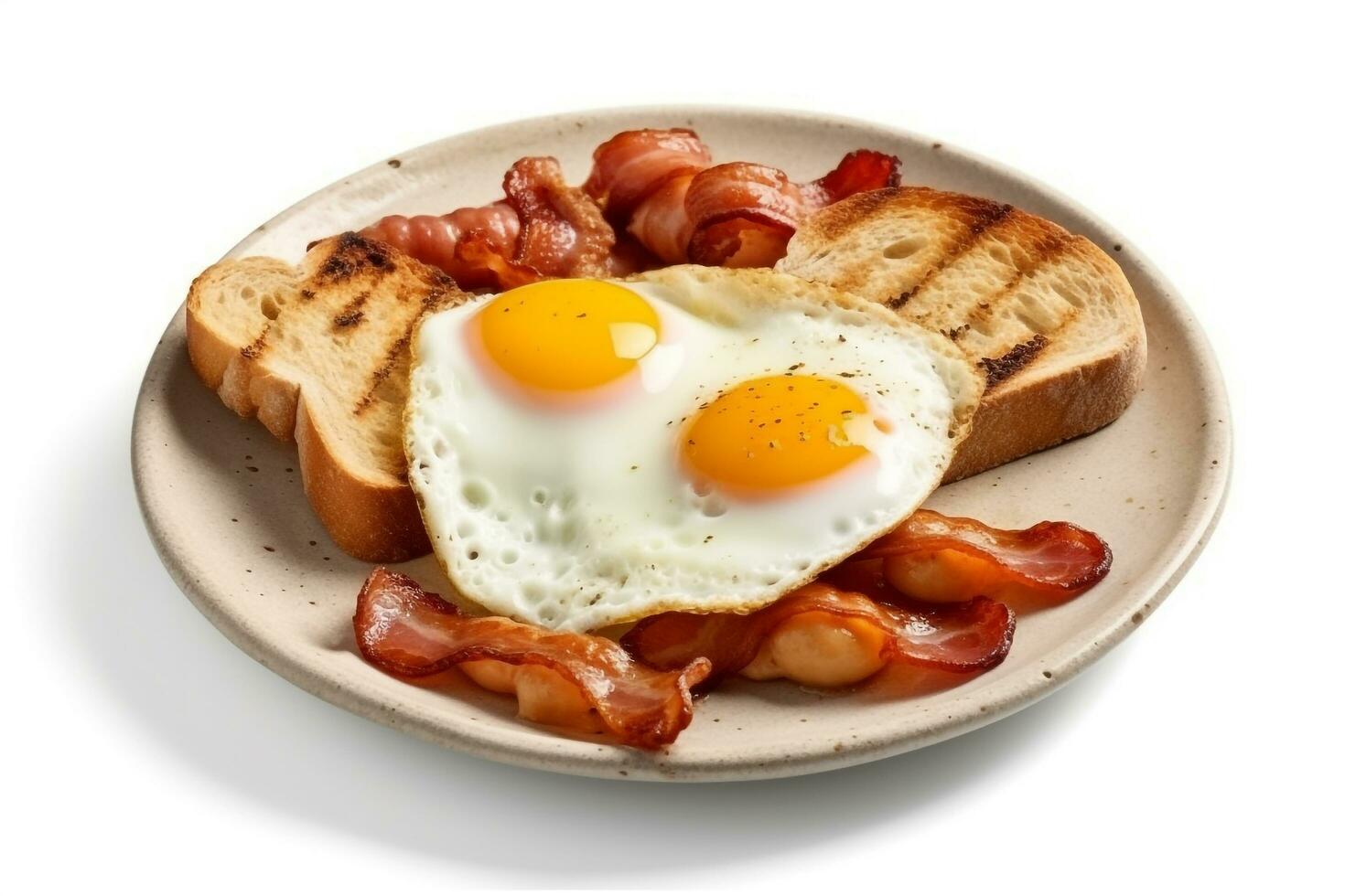 Fried eggs with bacon and sausage isolate  on white background. photo