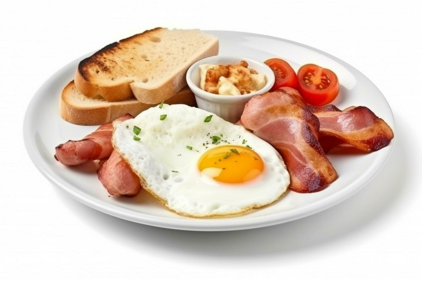 Fried eggs with bacon and sausage isolate  on white background. photo