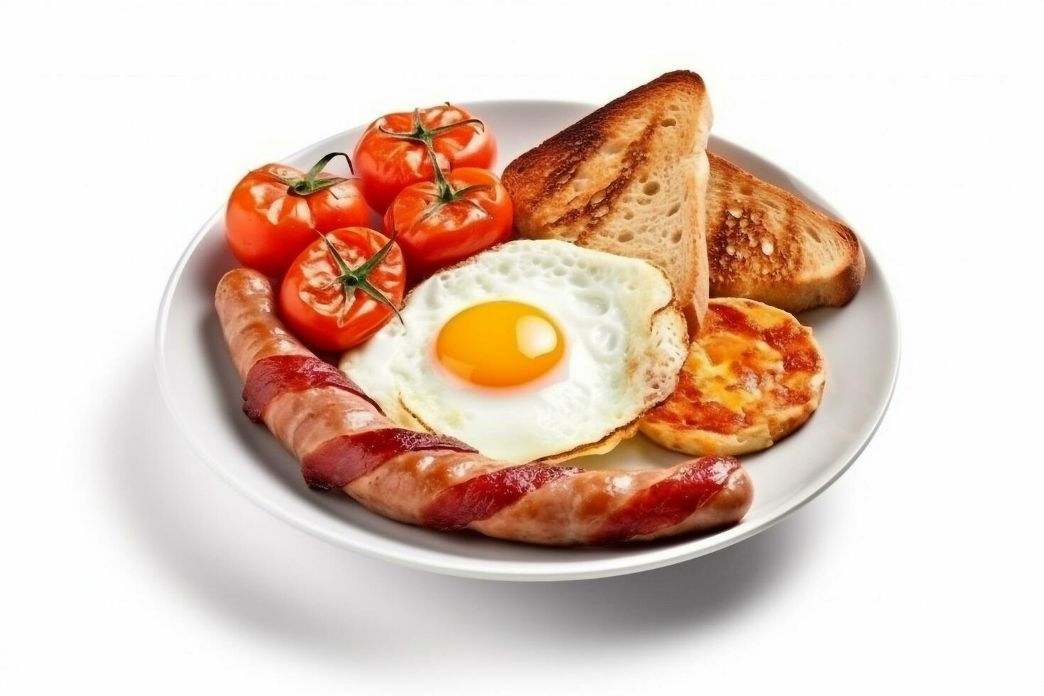 Fried eggs with bacon and sausage isolate  on white background. photo