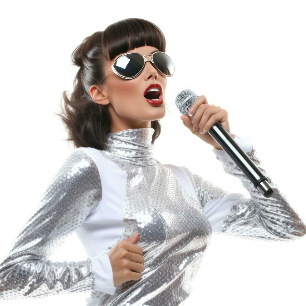 Model girl with microphone isolated photo