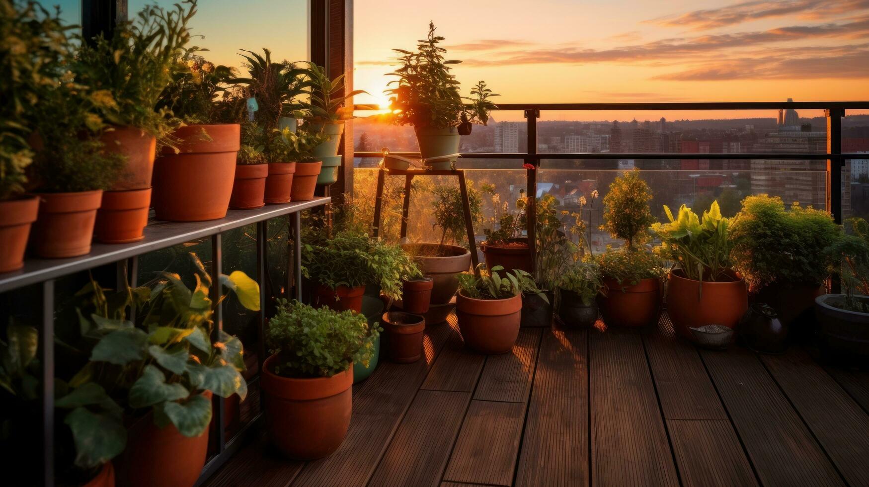 Terrace with potted plants and flowers photo