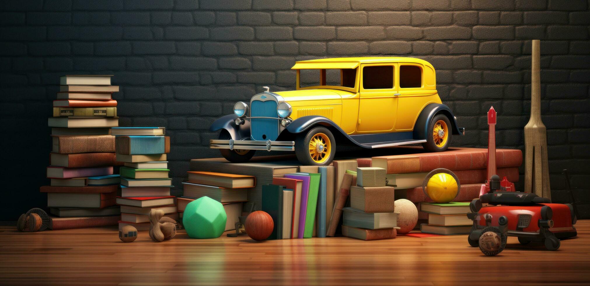 pequeño apilado juguete libros, sombrero, lápiz, escritorio foto