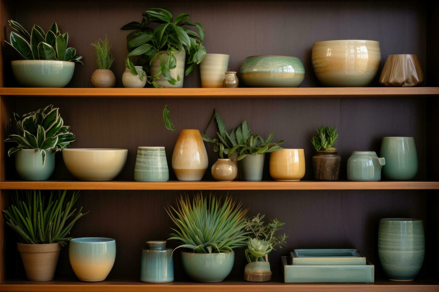 Shelf with different pods and plants photo