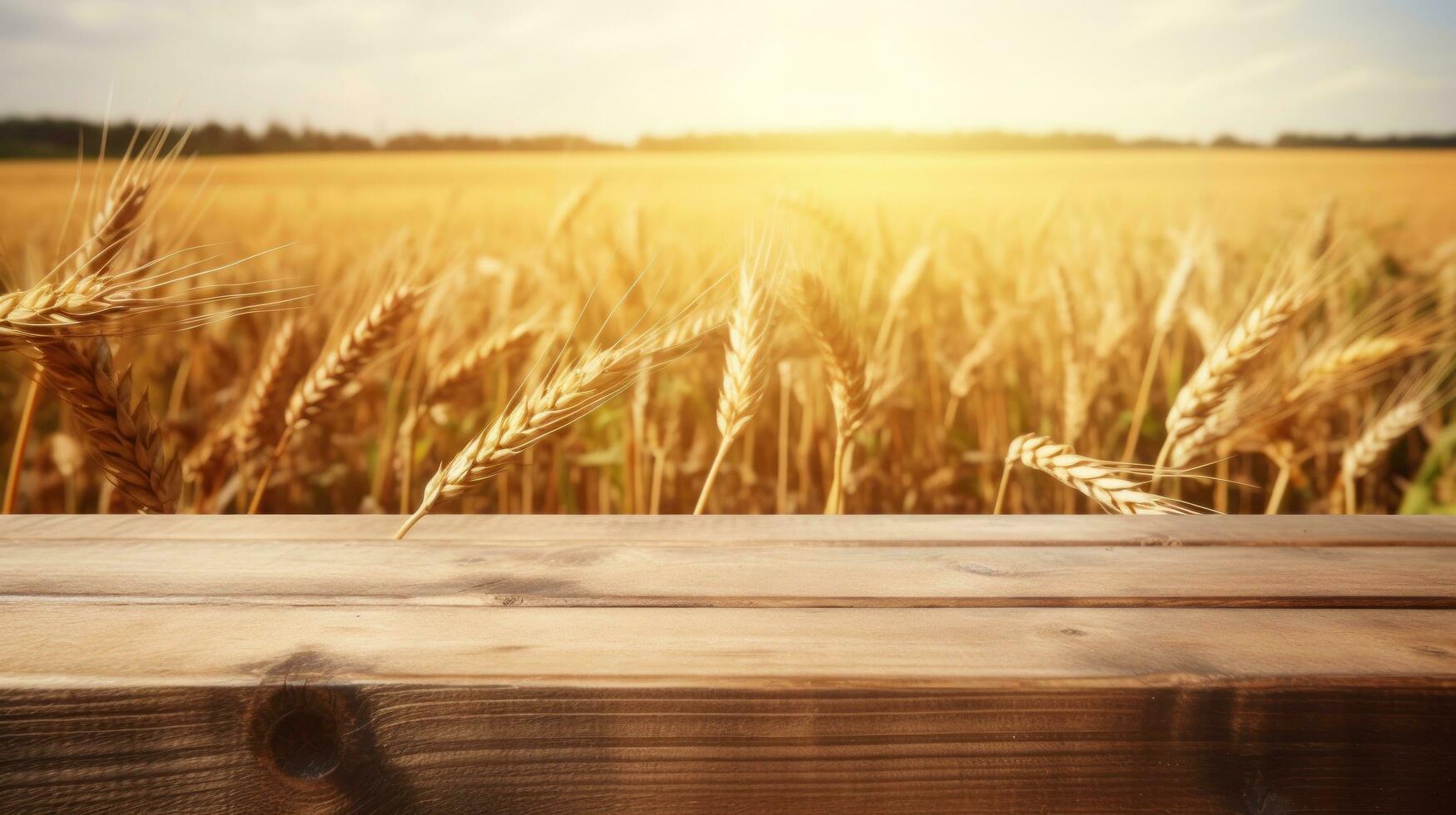 Wooden table with wheat field background photo