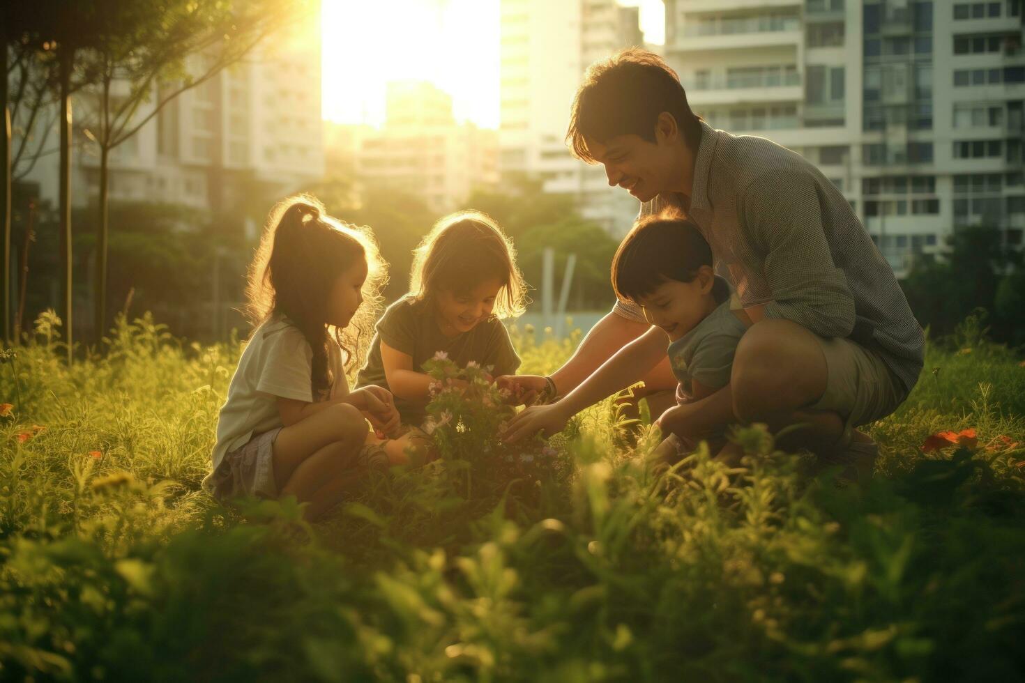 A family spend time near river together photo