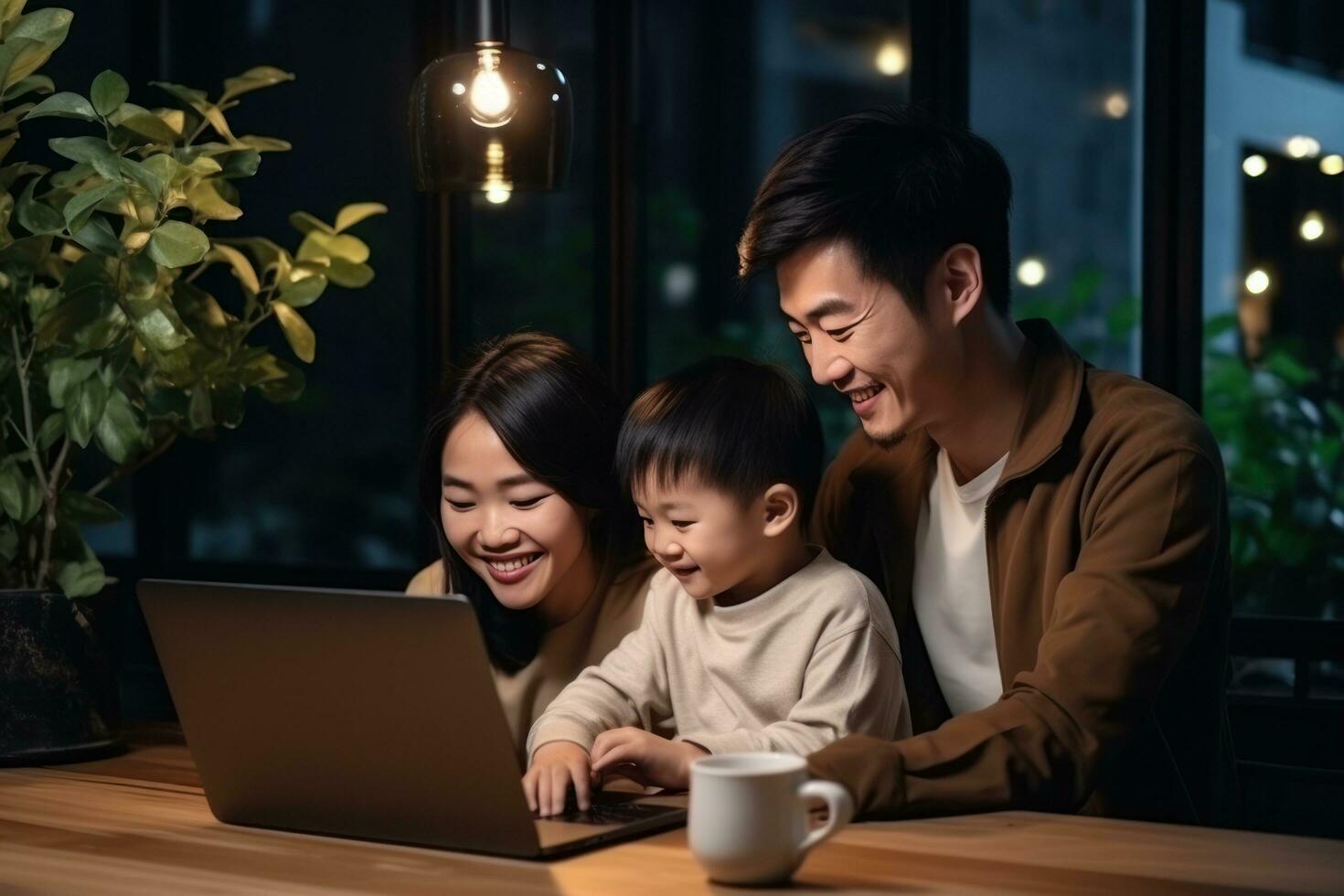 Family is looking at a laptop while sitting on a sofa photo