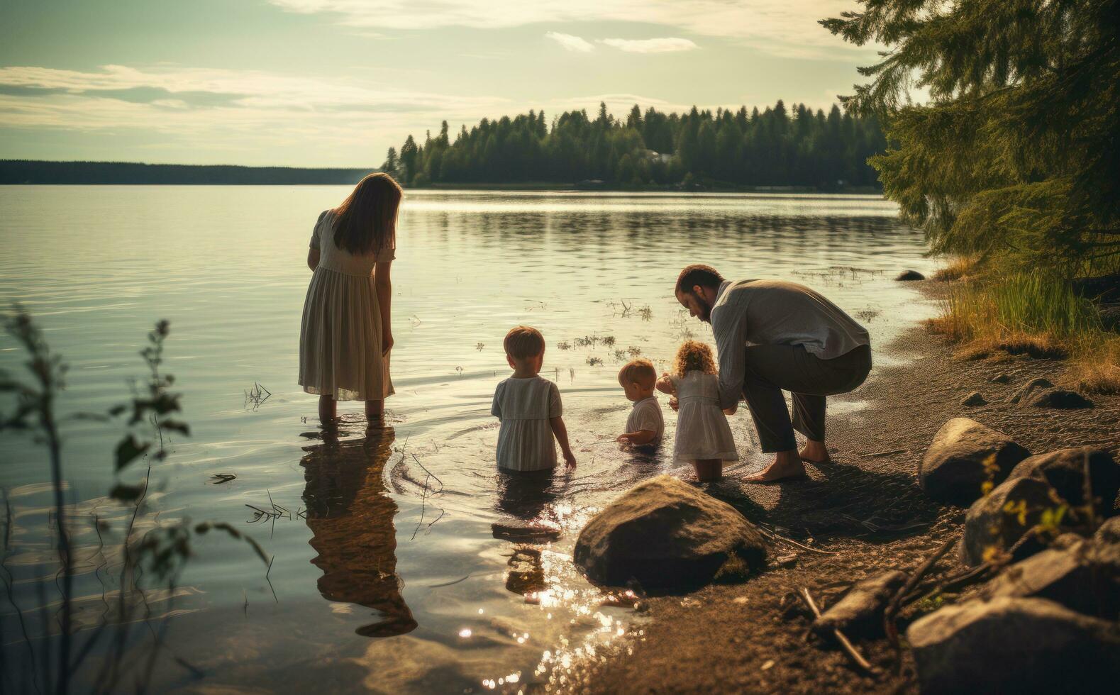 A family spend time near river together photo