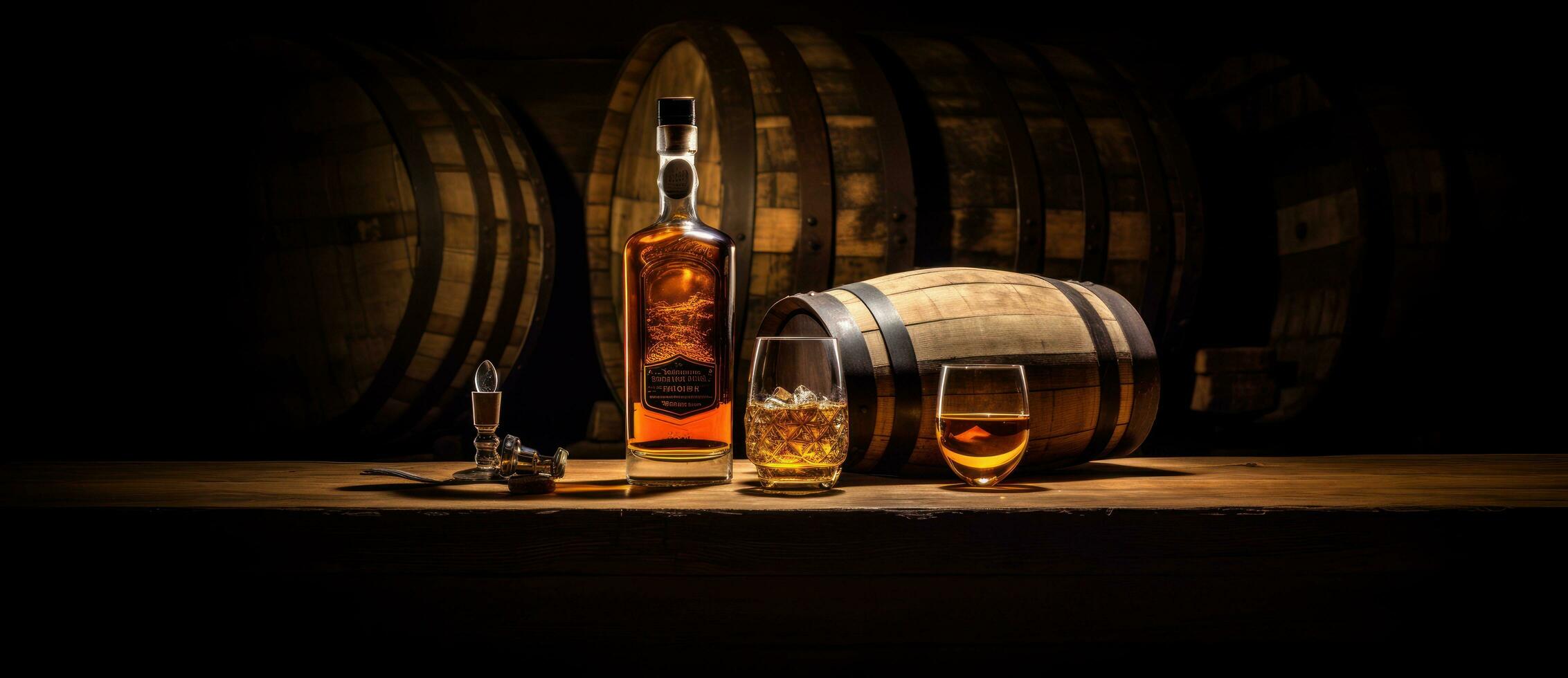 Whiskey glasses, bottles and barrels photo