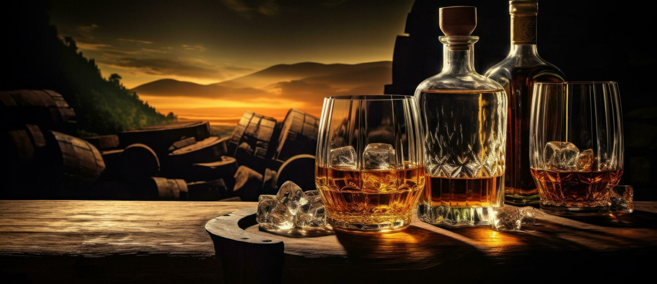 whisky anteojos, botellas y barriles foto