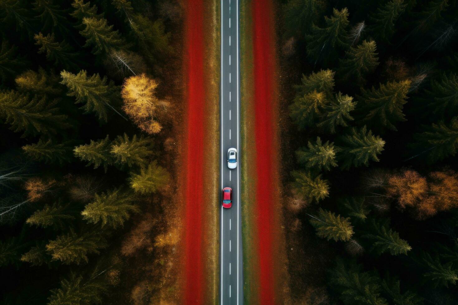 A car driving down a highway through tall trees photo