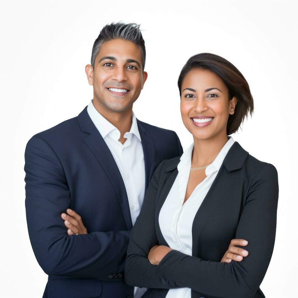 Happy multi ethnic business couple isolated photo