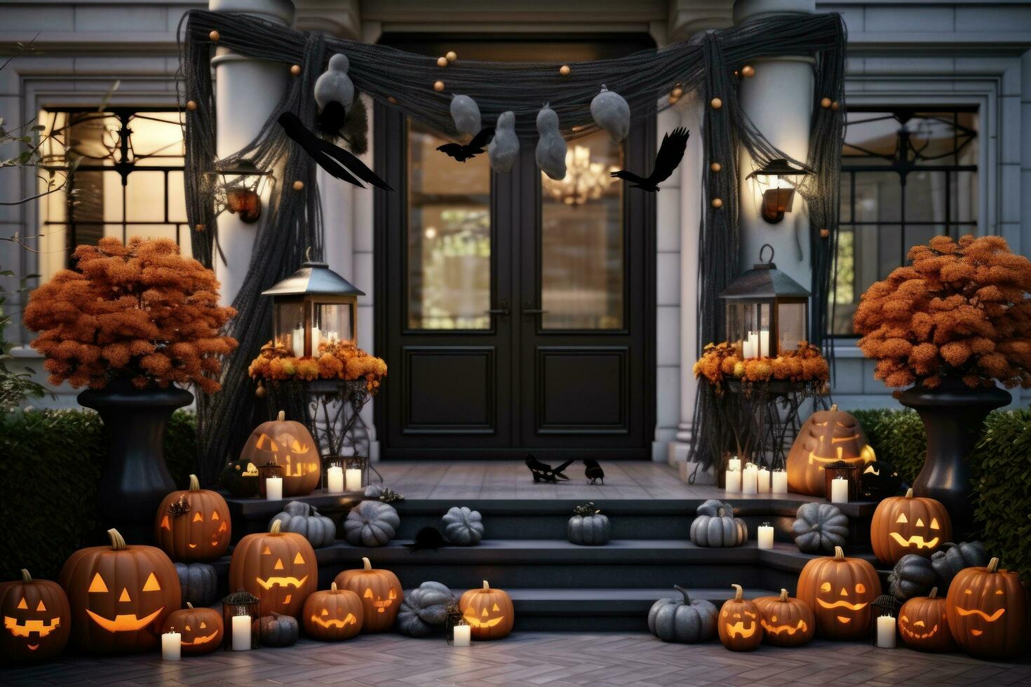 Halloween decorations on the porch with pumpkins photo