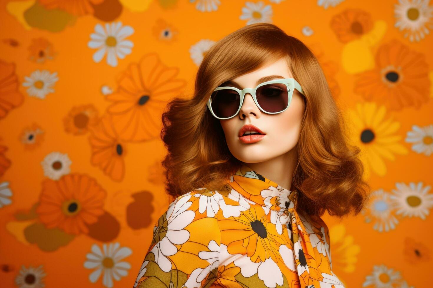 Beautiful model girl on orange background photo