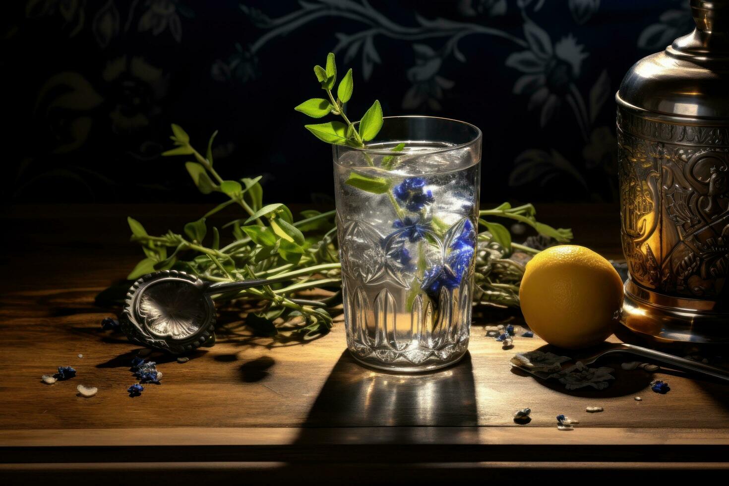 Ginebra y tónico en un de madera mesa en el oscuro lado foto