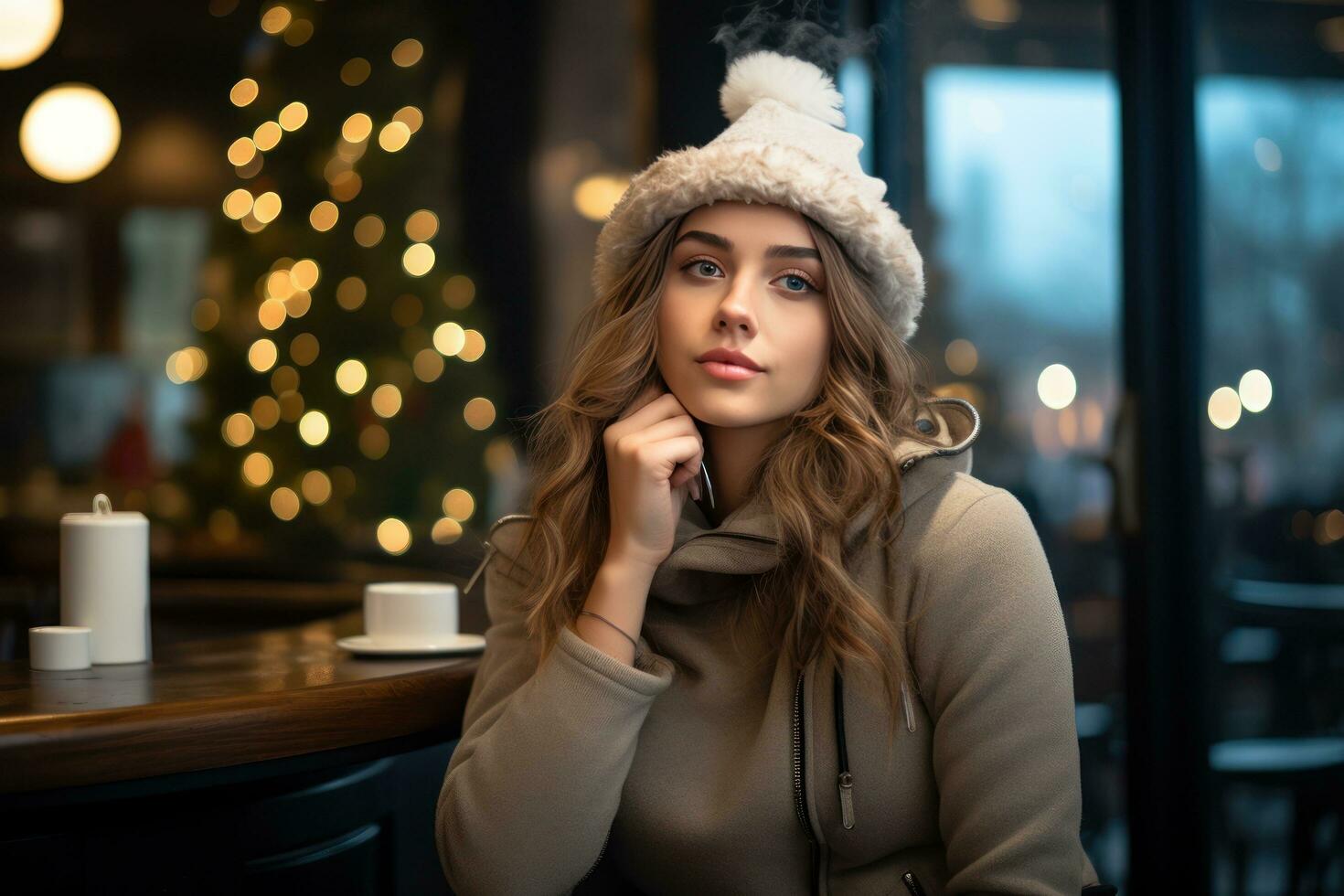 beautiful young woman drinking hot coffee in a chilly winter environment with decorations. photo