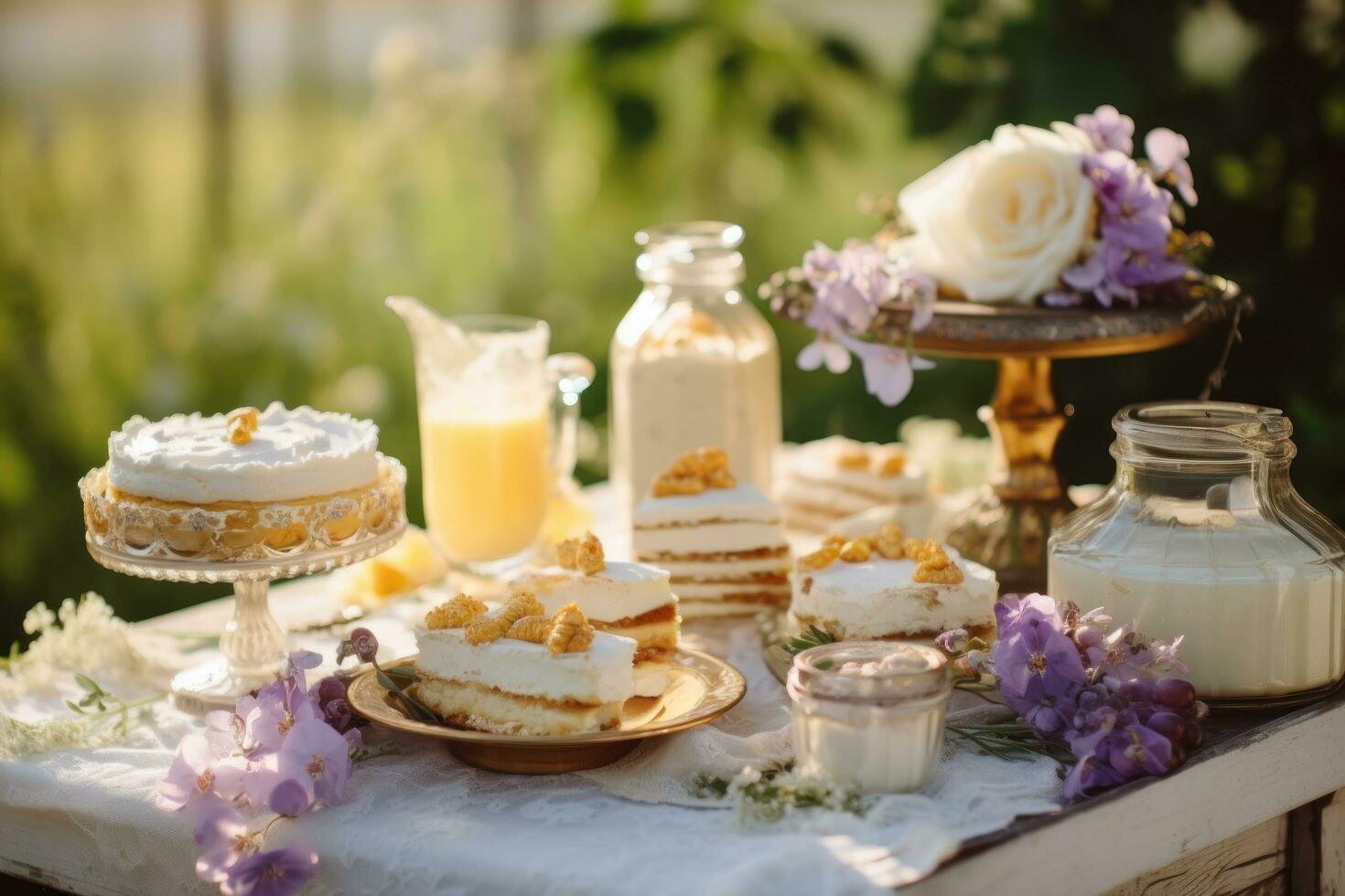 an assortment of white and gold desserts are sitting on a table outdoors photo