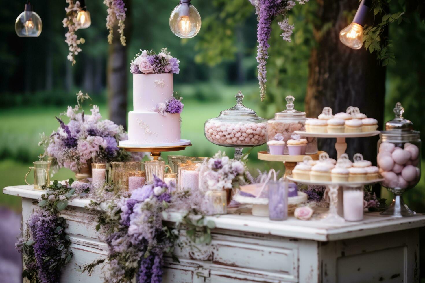 a cake table in an outdoors setting photo