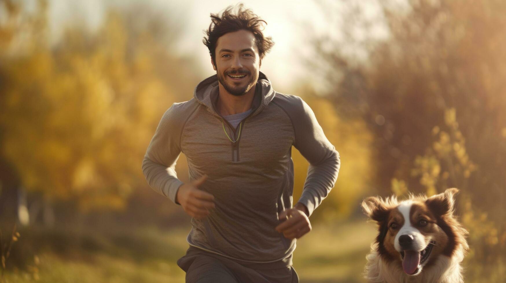 A man jogging with his dog photo