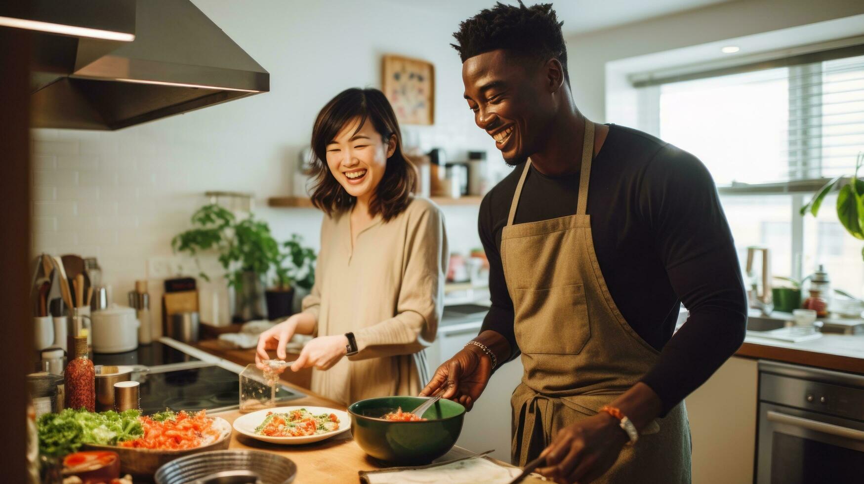 Black man and chinese woman cooking breakfast together. 29560141