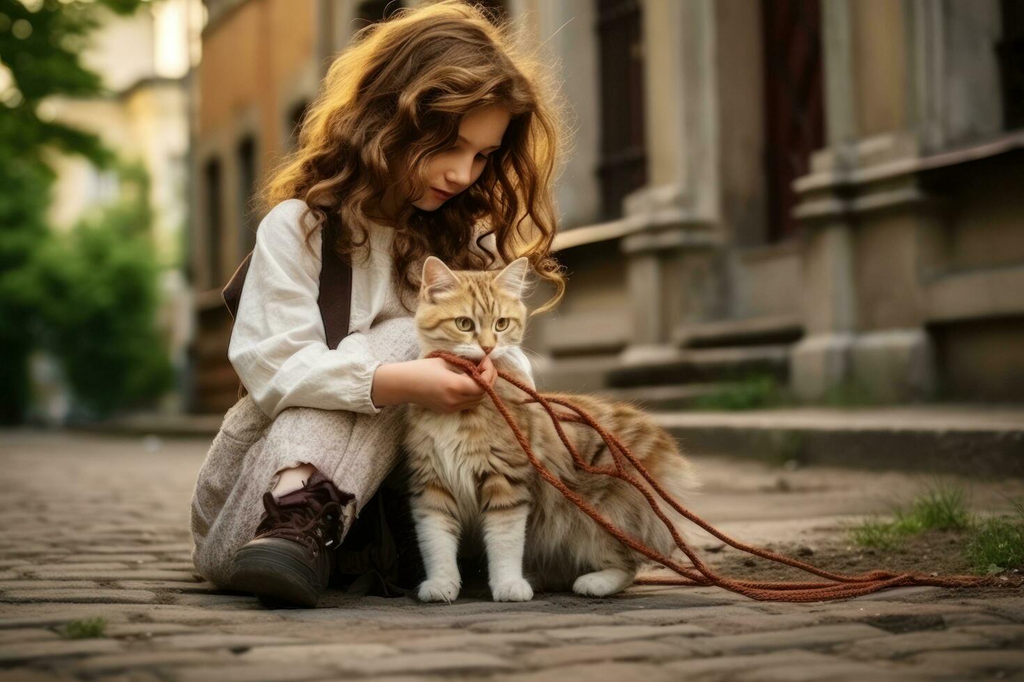A girl holds a rope with a bow and a cat plays with her on the street photo
