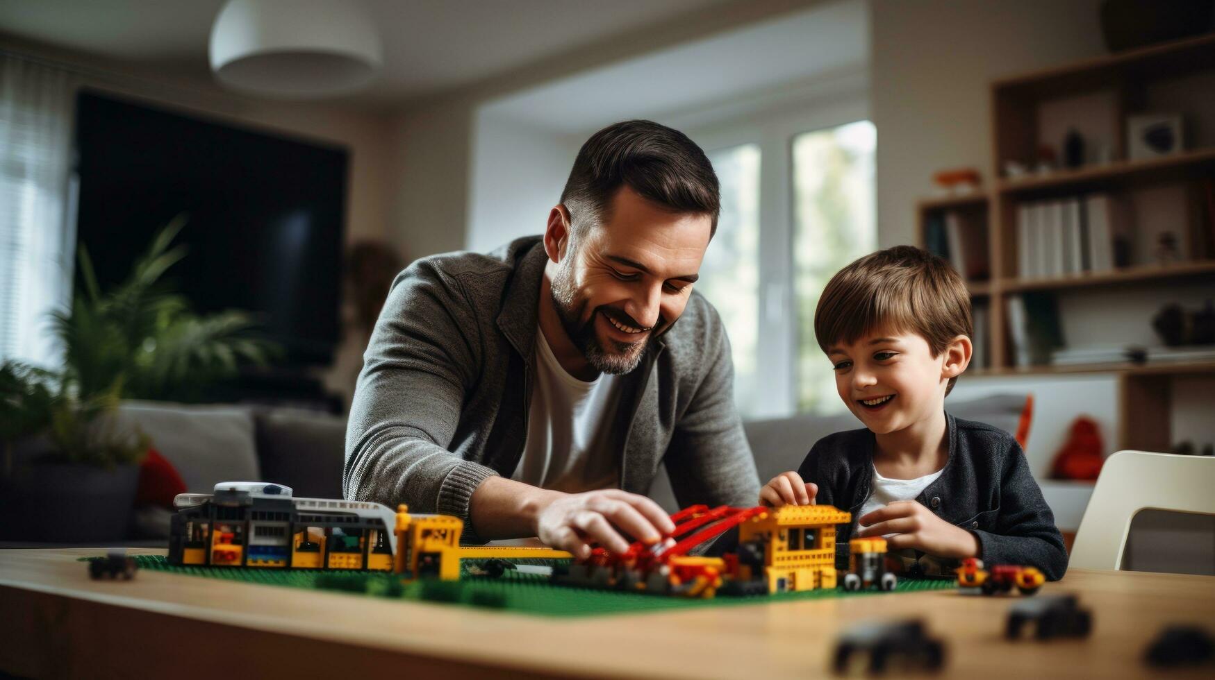 Dad with a boy of 10 years old plays a constructor photo