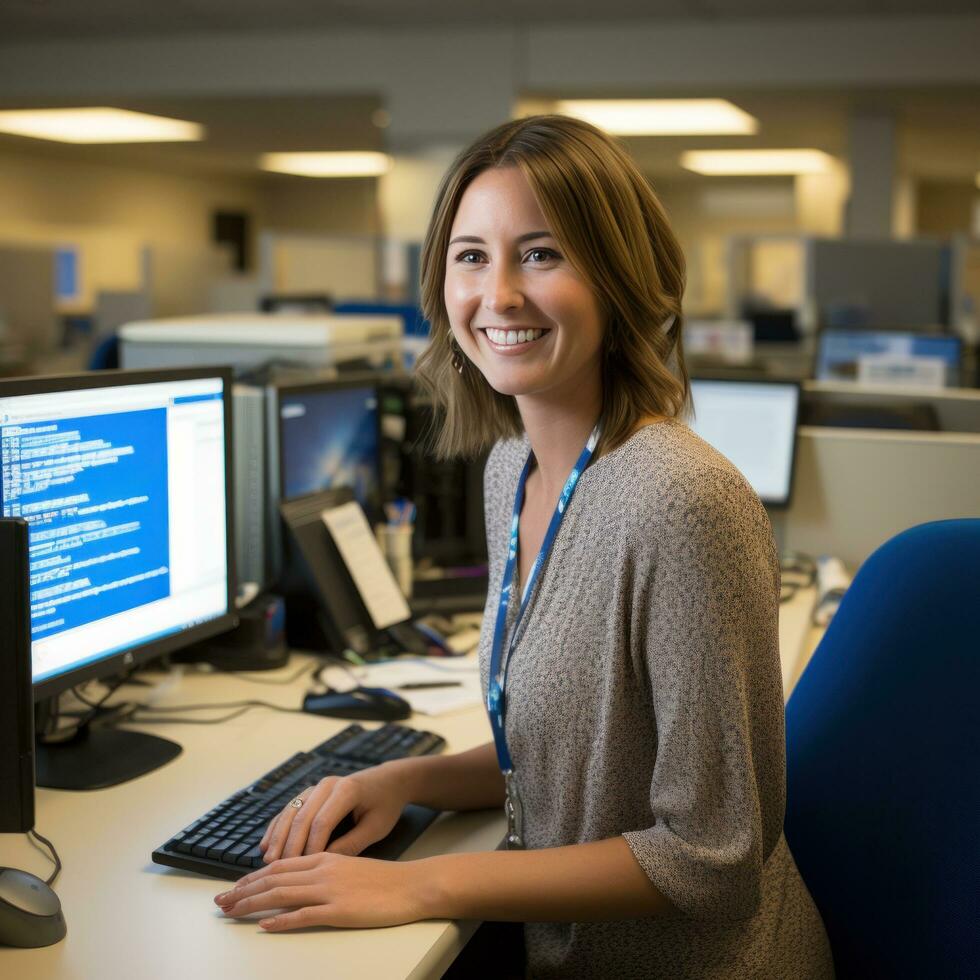 un mujer trabajos a un computadora. foto