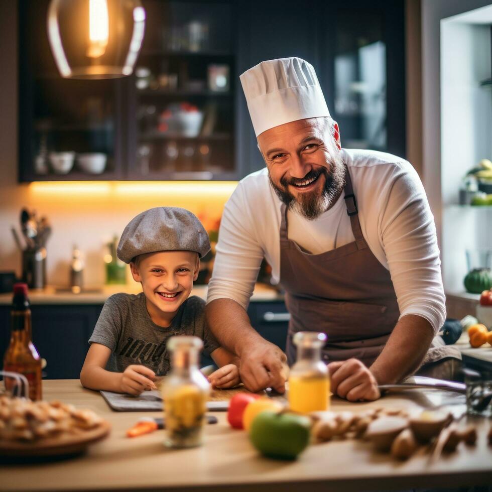 papá con un hijo de 10 años Cocinando desayuno juntos foto