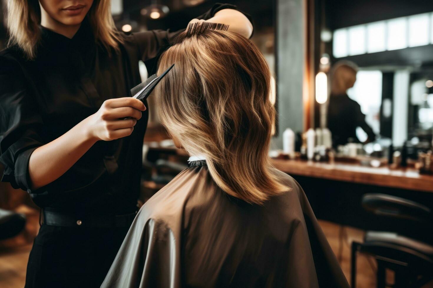 hairdresser cutting woman in salon. photo