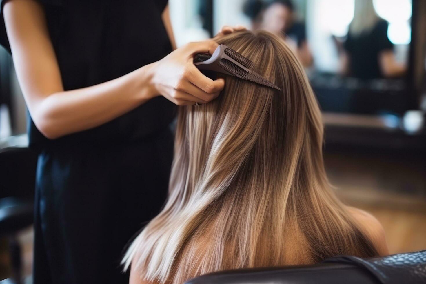 hairdresser cutting woman in salon. photo