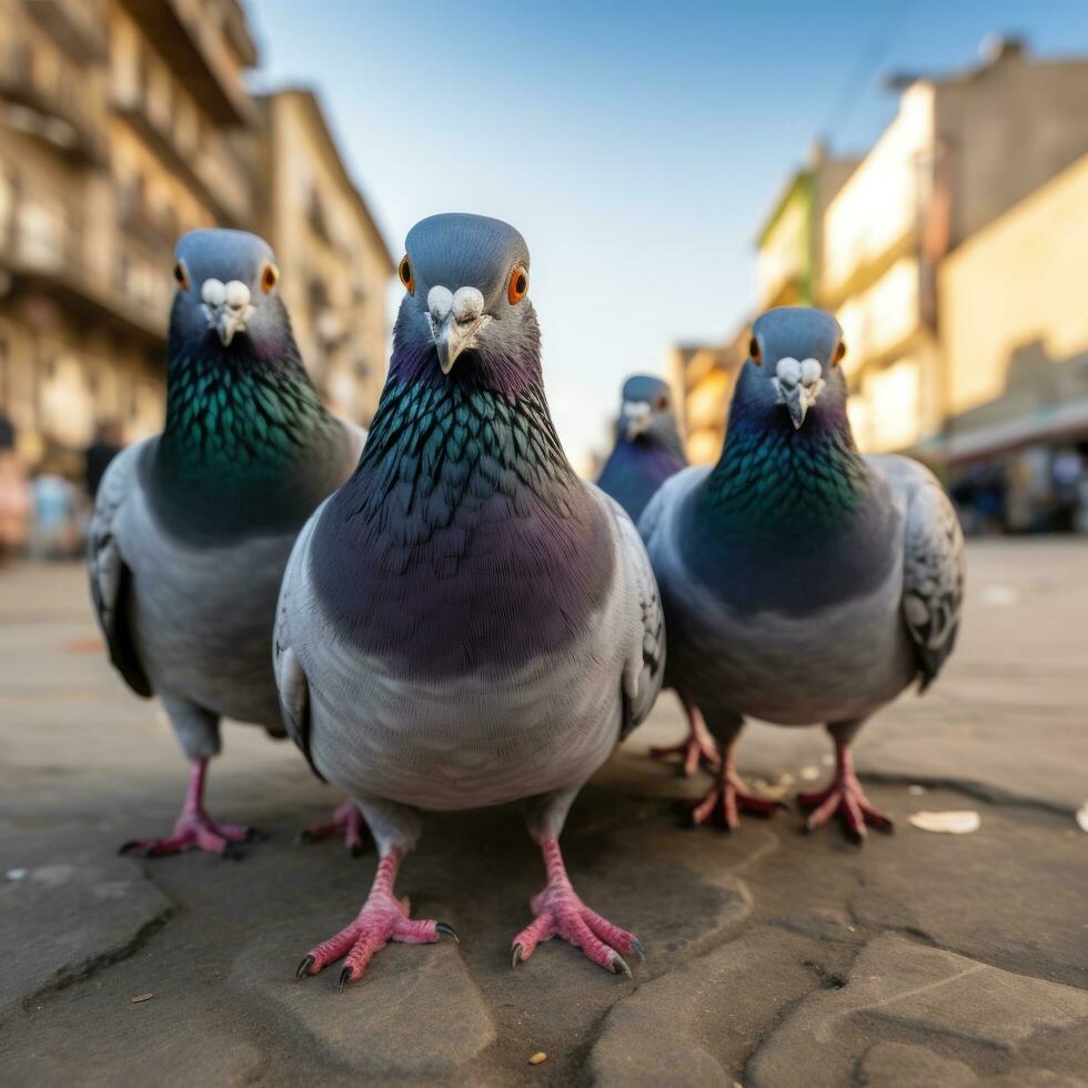 five pigeons are picking grain on the street photo