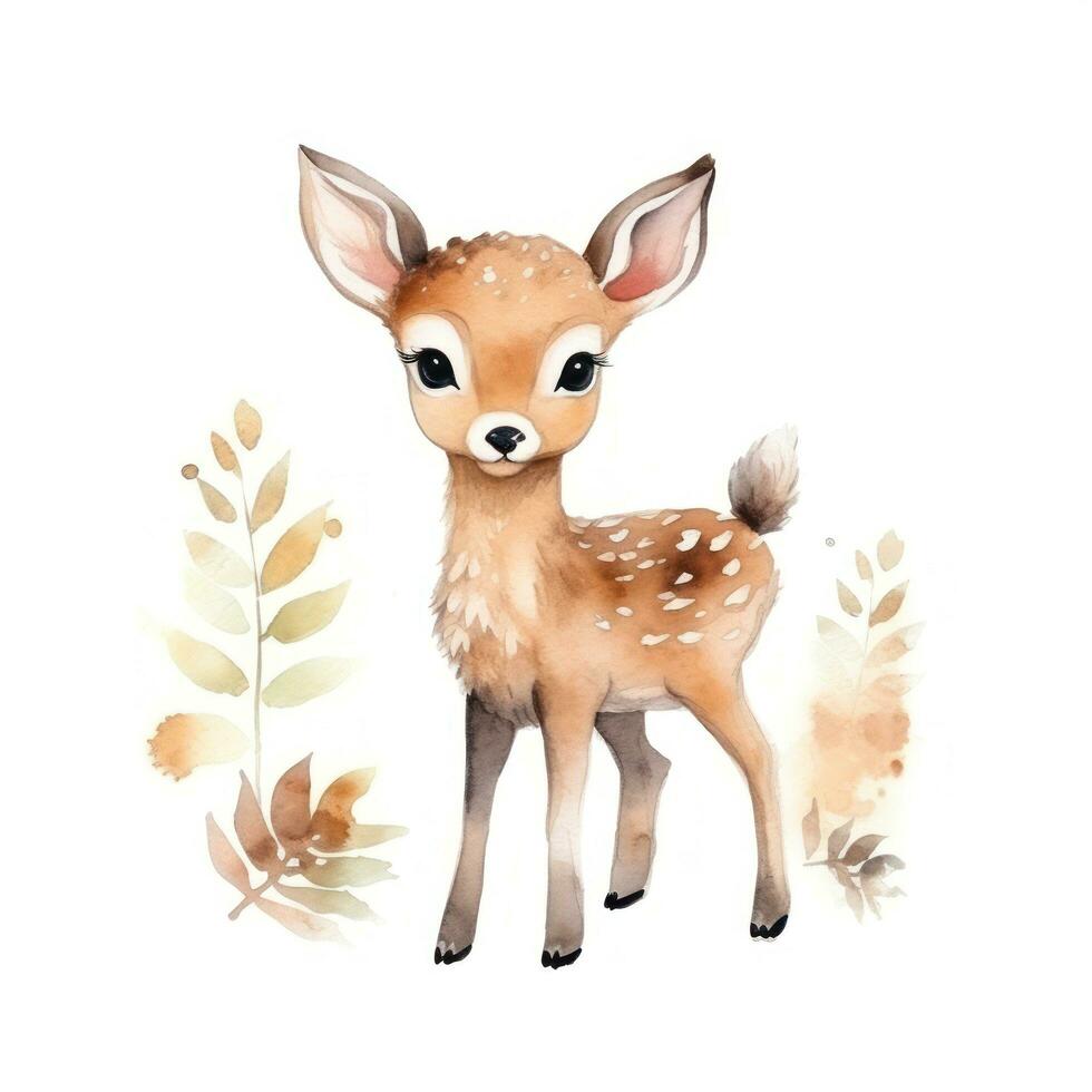 Watercolor forest cartoon isolated cute baby deer animal photo