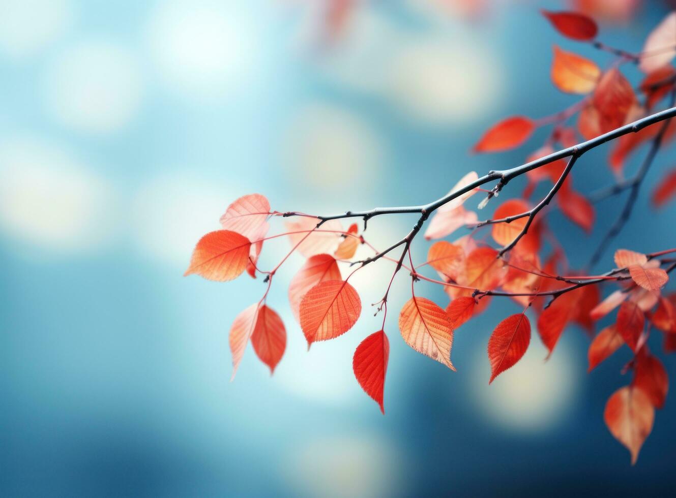 Autumn leaves on blue sky background photo