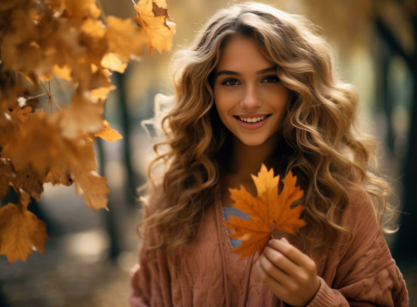 hermosa niña con que cae hojas foto