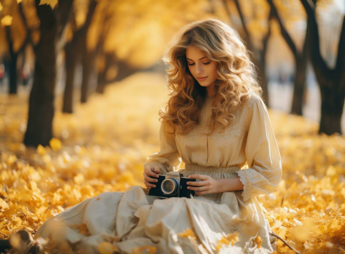 hermosa hembra otoño mujer con cámara en parque foto