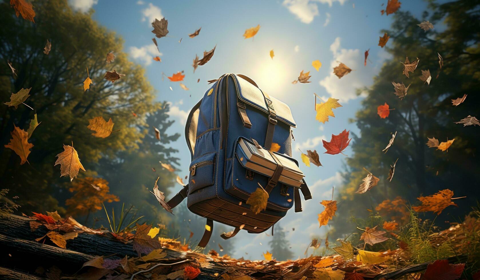 Books with backpack over the sky and some falling leaves photo