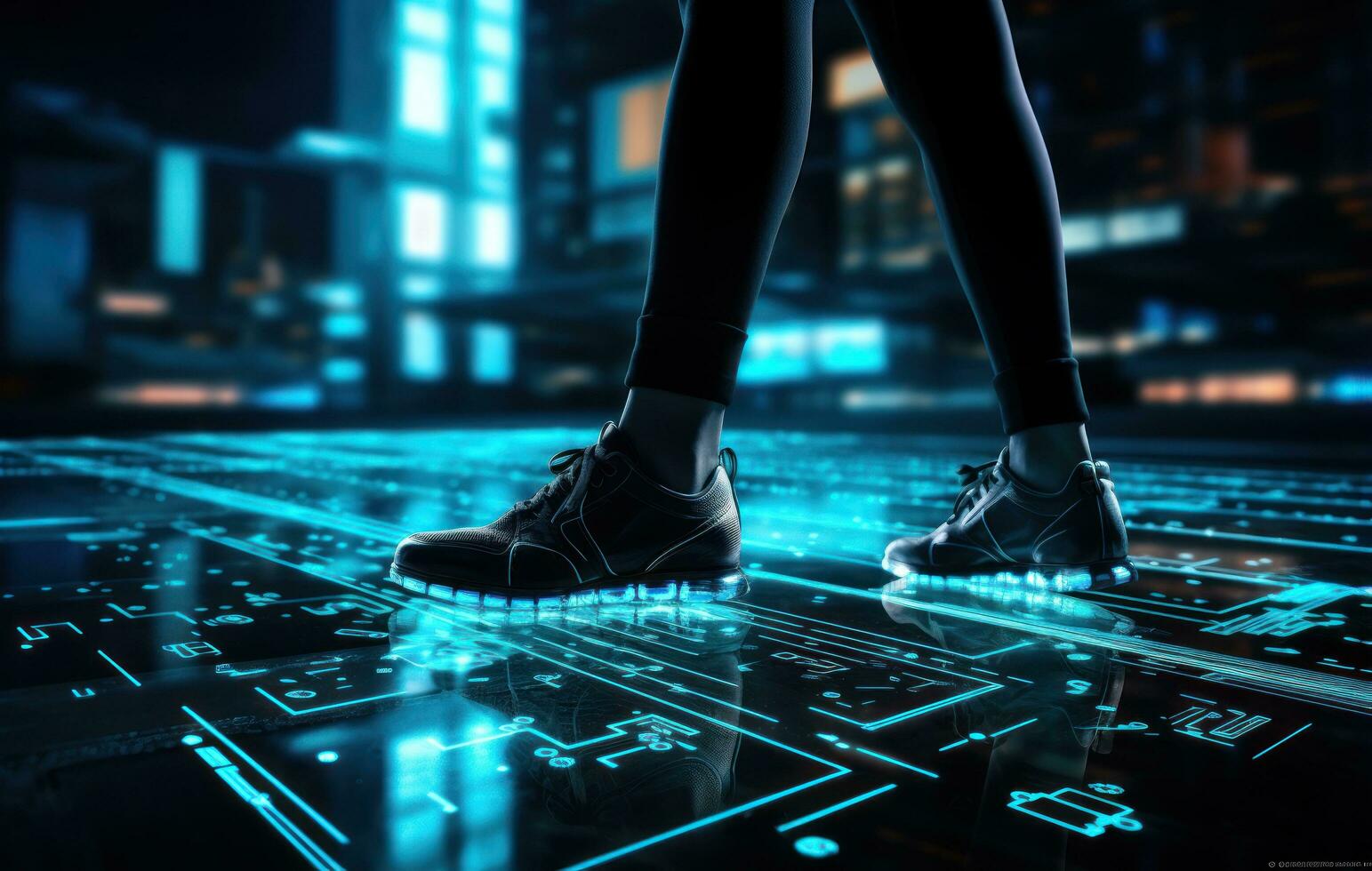 A person in running shoes on the background of an electronic signal photo