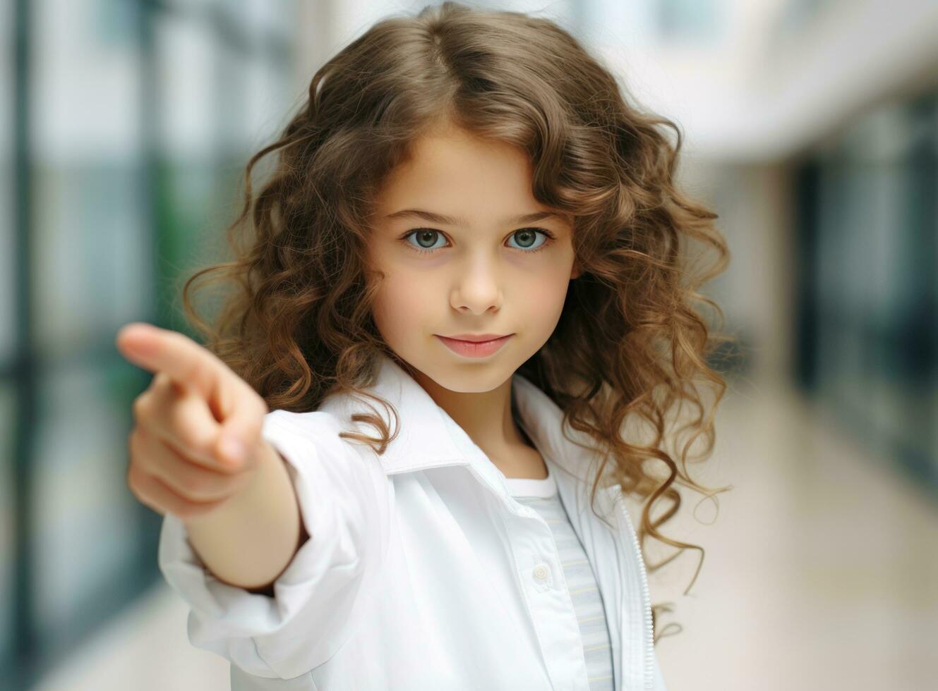 Young girl looking at camera while pointing her finger photo