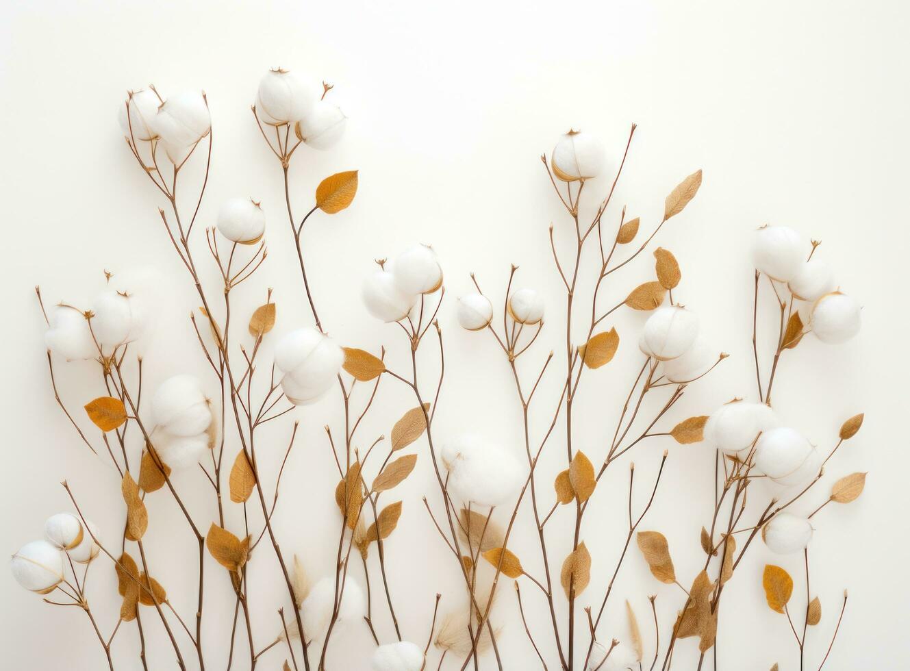 Cotton and leaves on white background flat lay style photo