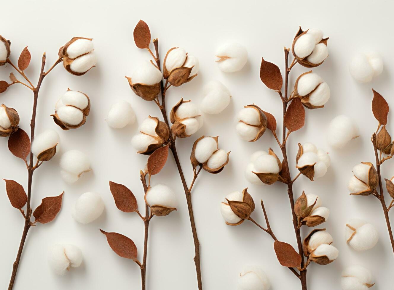 Cotton and leaves on white background flat lay style photo