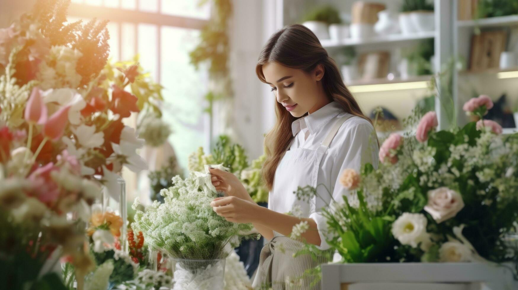 hermosa niña florista en flor tienda foto