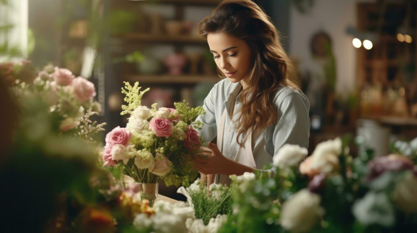 hermosa niña florista en flor tienda foto