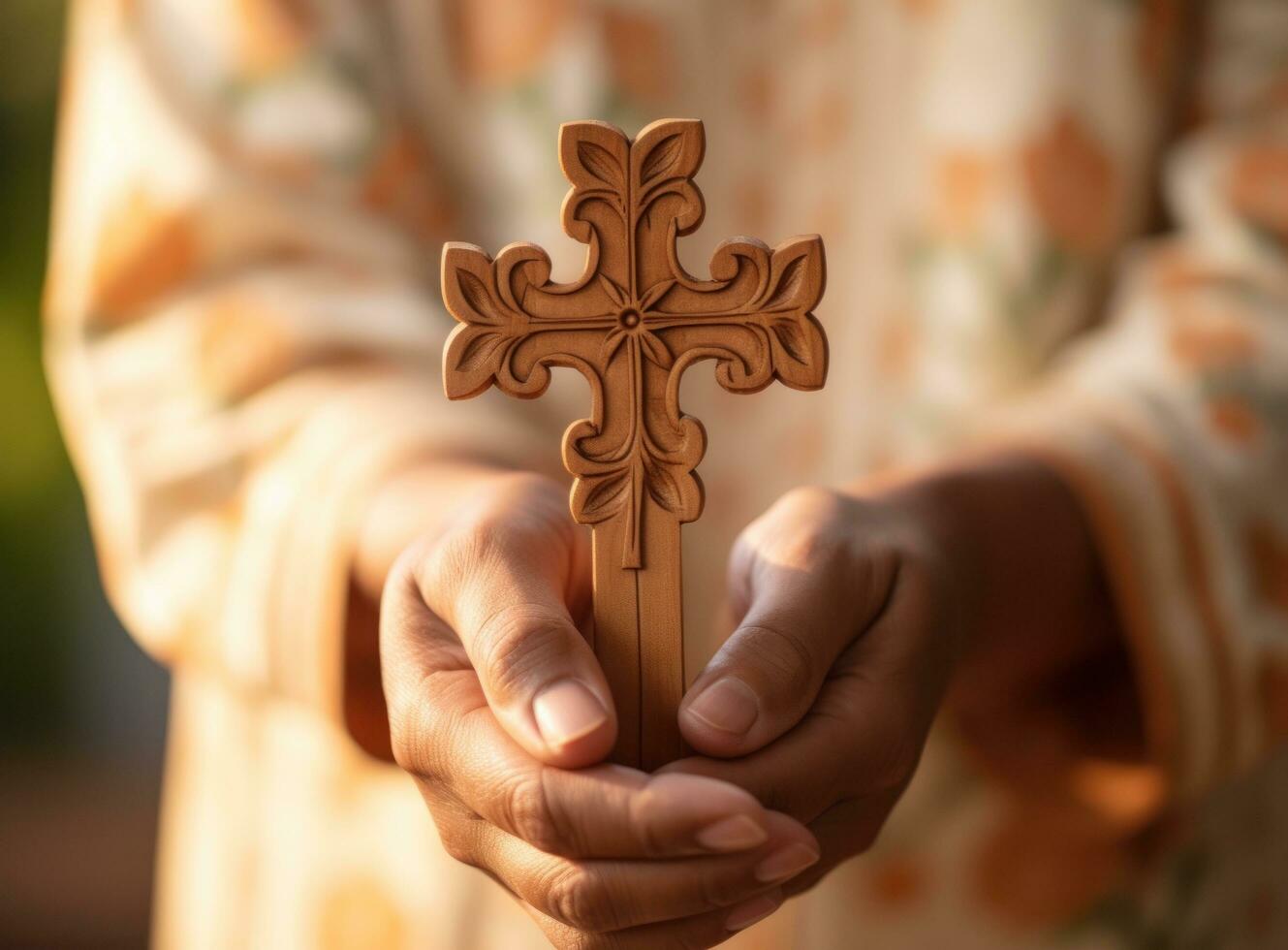 Woman hands holding a wooden cross photo
