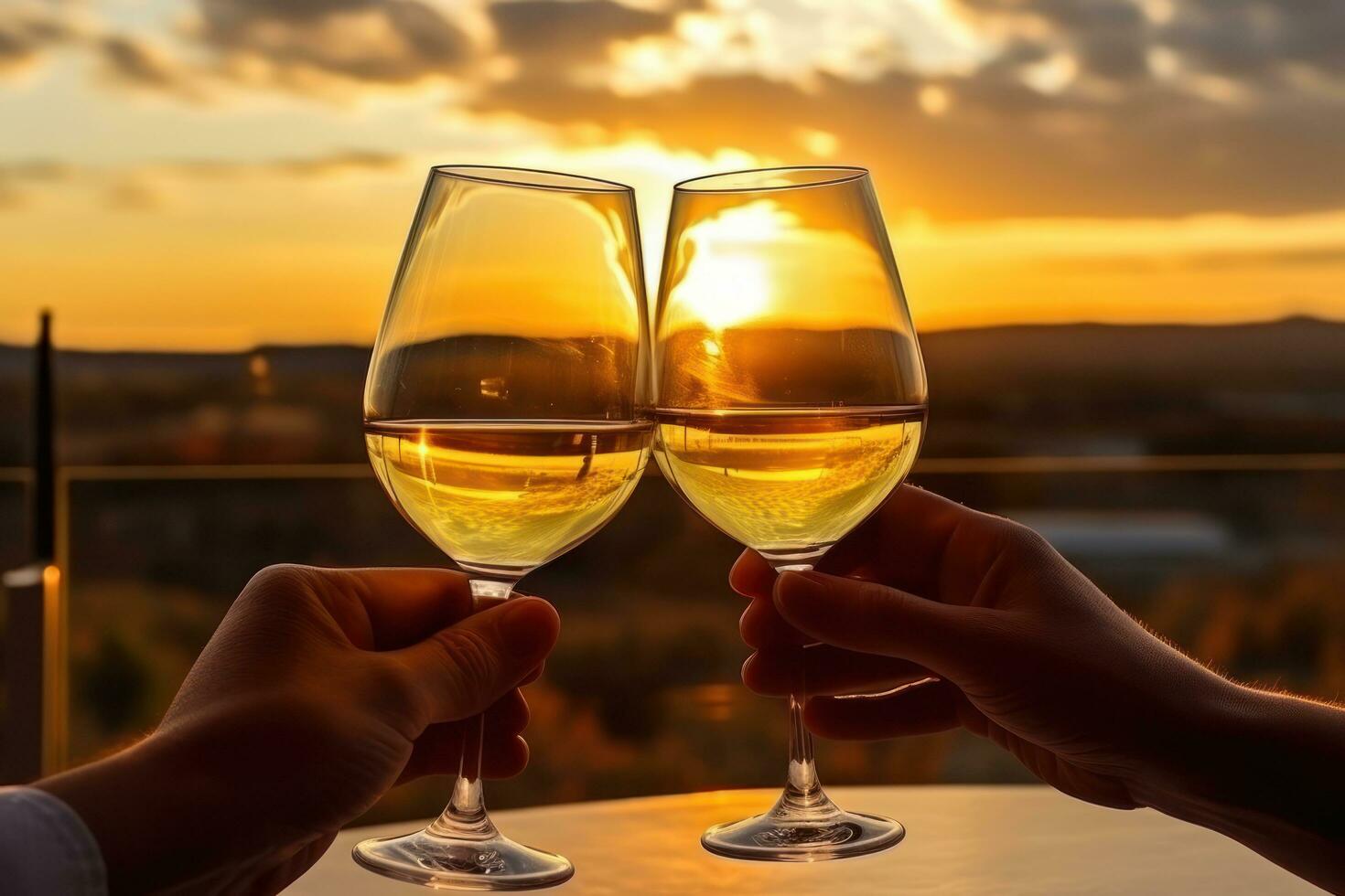 Glasses of wine with sunset sky background photo