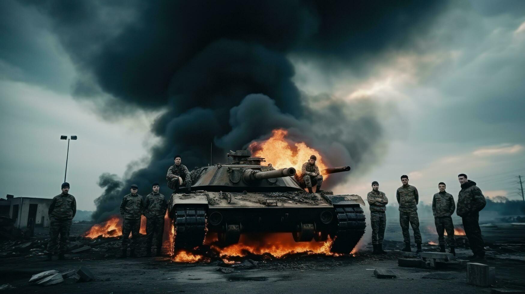 Military white men on a burnt tank photo