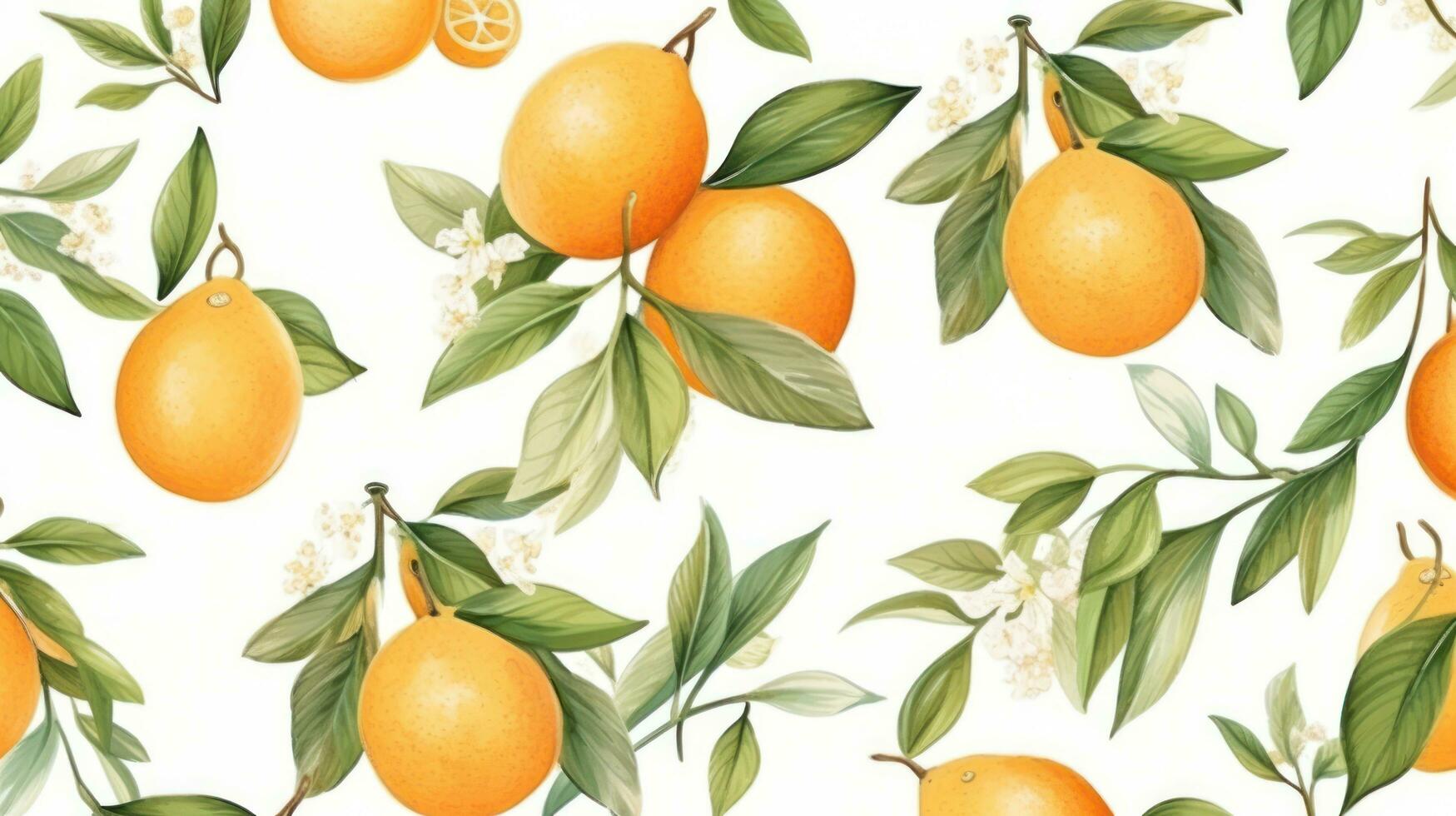 Beautiful botanical watercolor pattern with oranges and leaves photo