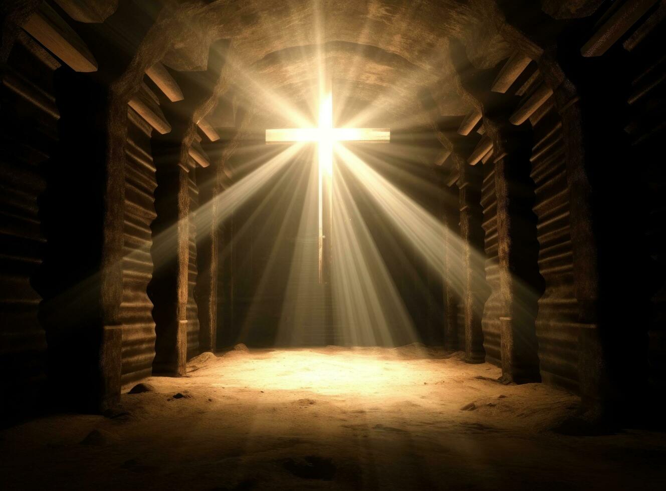 Christian cross with light shining through the tunnel photo