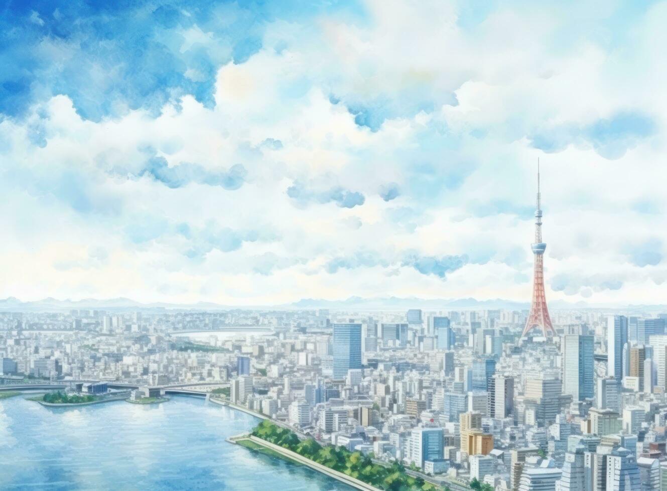 Blue watercolor cityscape background photo